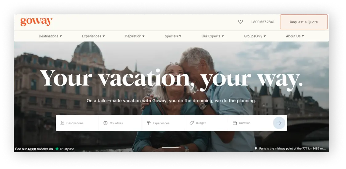 Goway personalized travel website design example