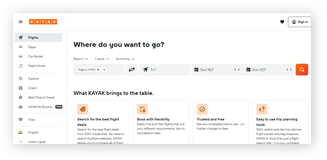 Kayak flight and travel website example