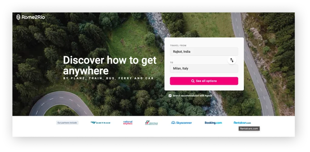 Rome2Rio multi-modal travel planning website example
